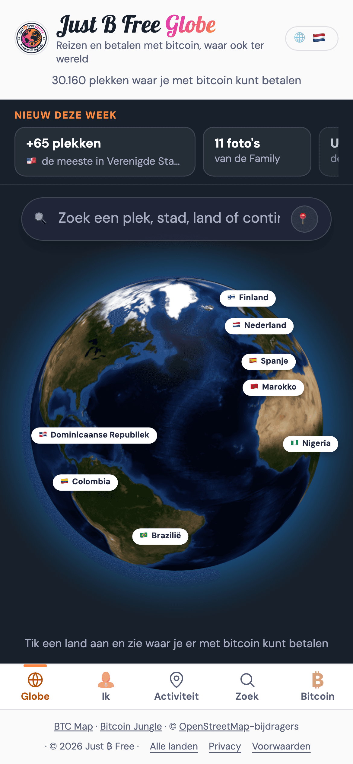 De Globe-app: een 3D-wereldbol met landen waar je met bitcoin kunt betalen