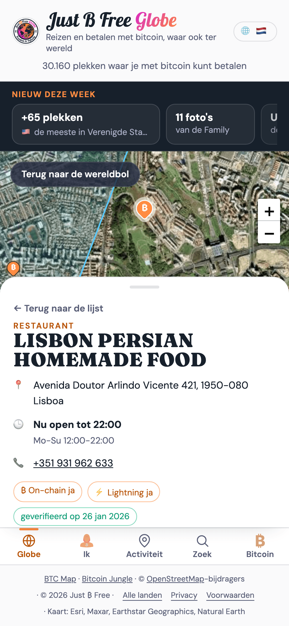 Een vermeld restaurant in Lissabon met openingstijden, on-chain en Lightning